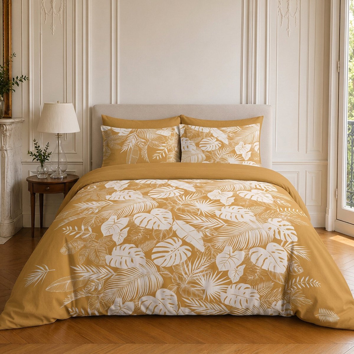 Parure de lit en coton motif tropical, LEAVES ocre, C DESIGN HOME TEXTILE