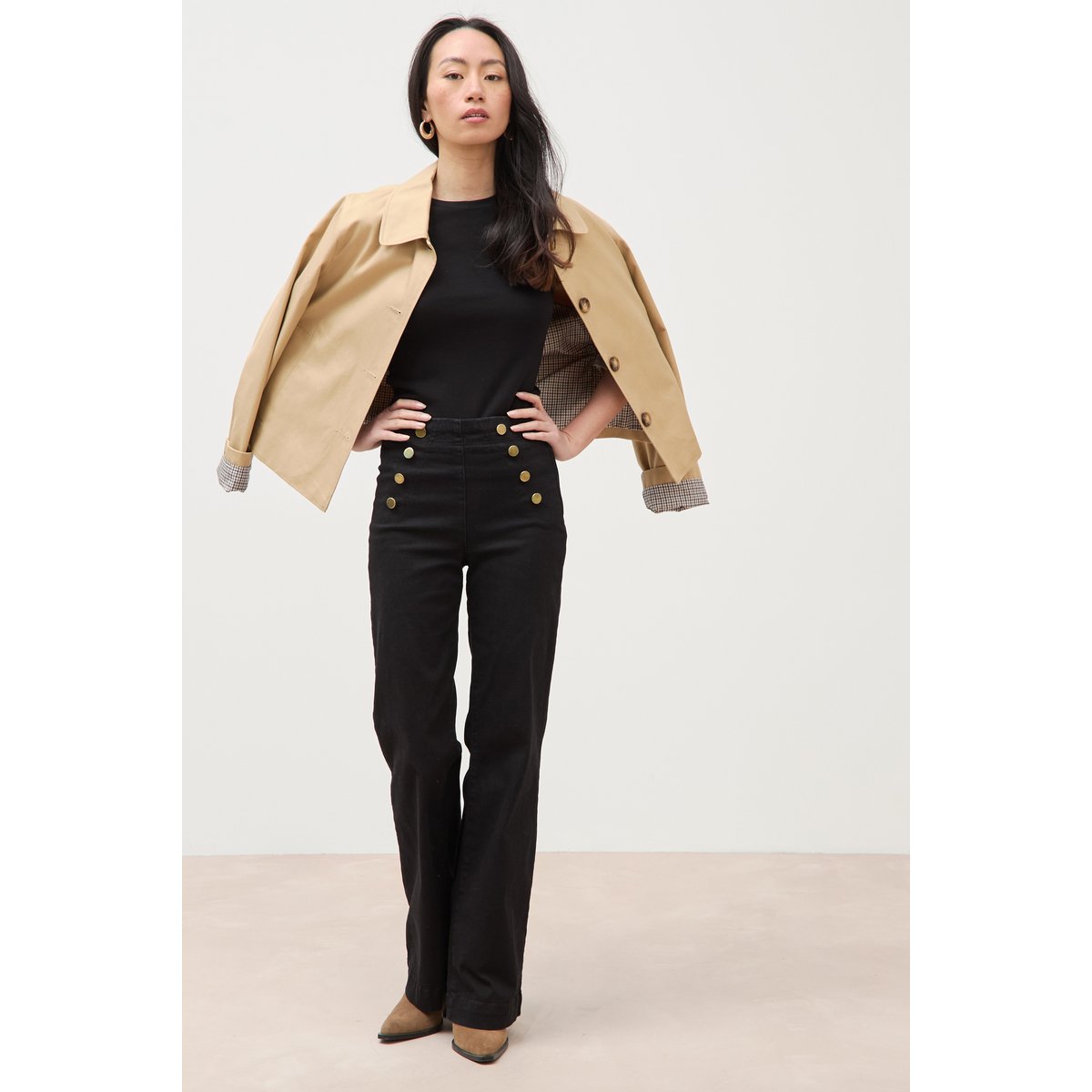 Jeans bootcut taille haute 7/8ème denim noir, BONOBO
