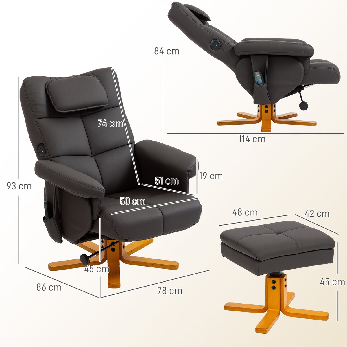 Ensemble fauteuil de massage inclinable avec marron, HOMCOM