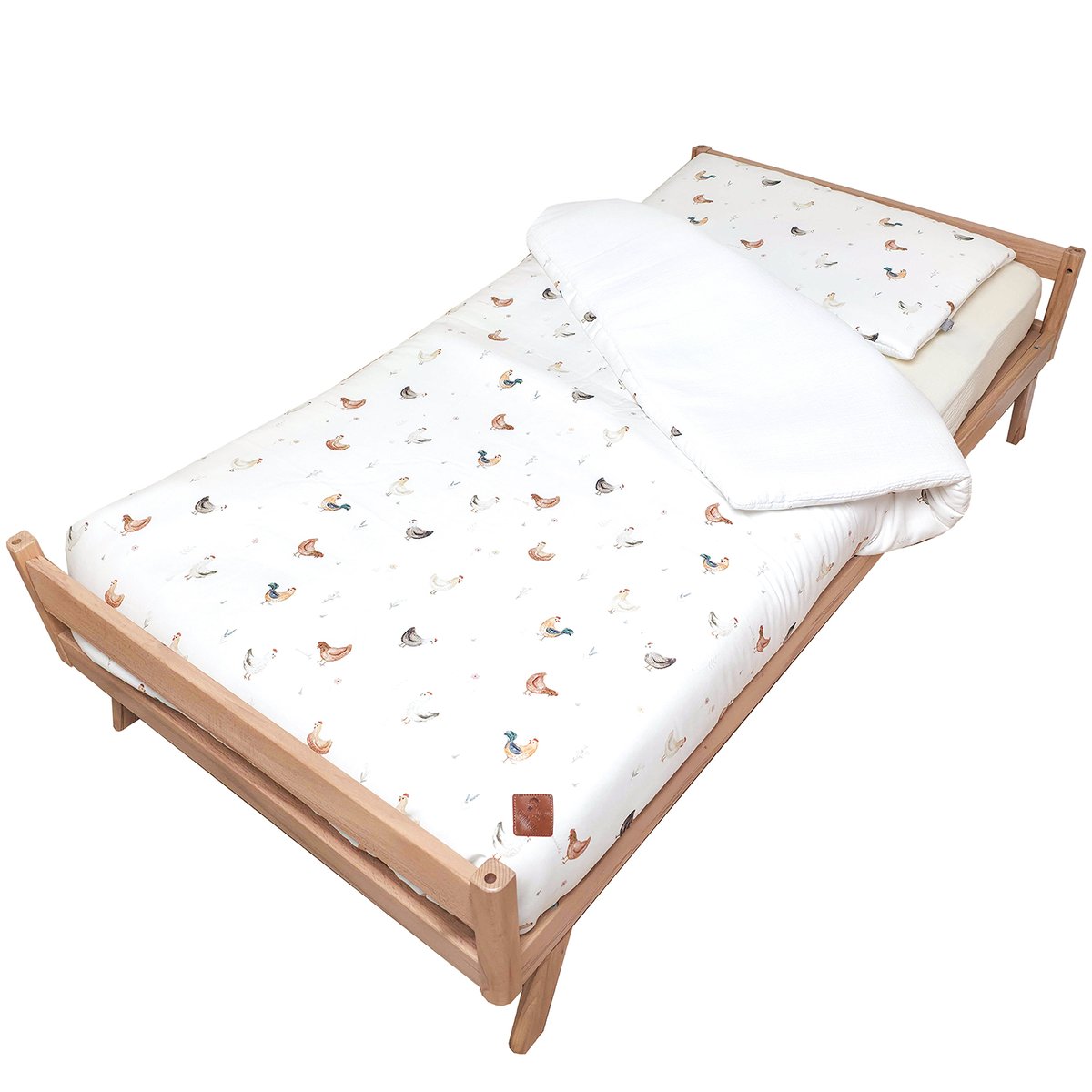 Couette et oreiller - prêt à dormir en satin de coton GALLINA écru – motif poules champêtre, SEVIRA KIDS