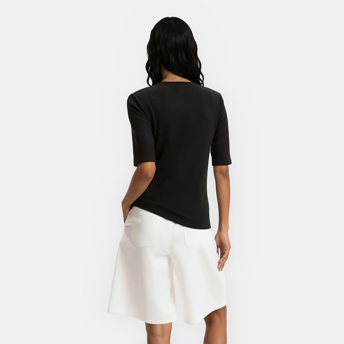 Short Sleeve Button-Down Crew Neck T-Shirt black, LA REDOUTE COLLECTIONS