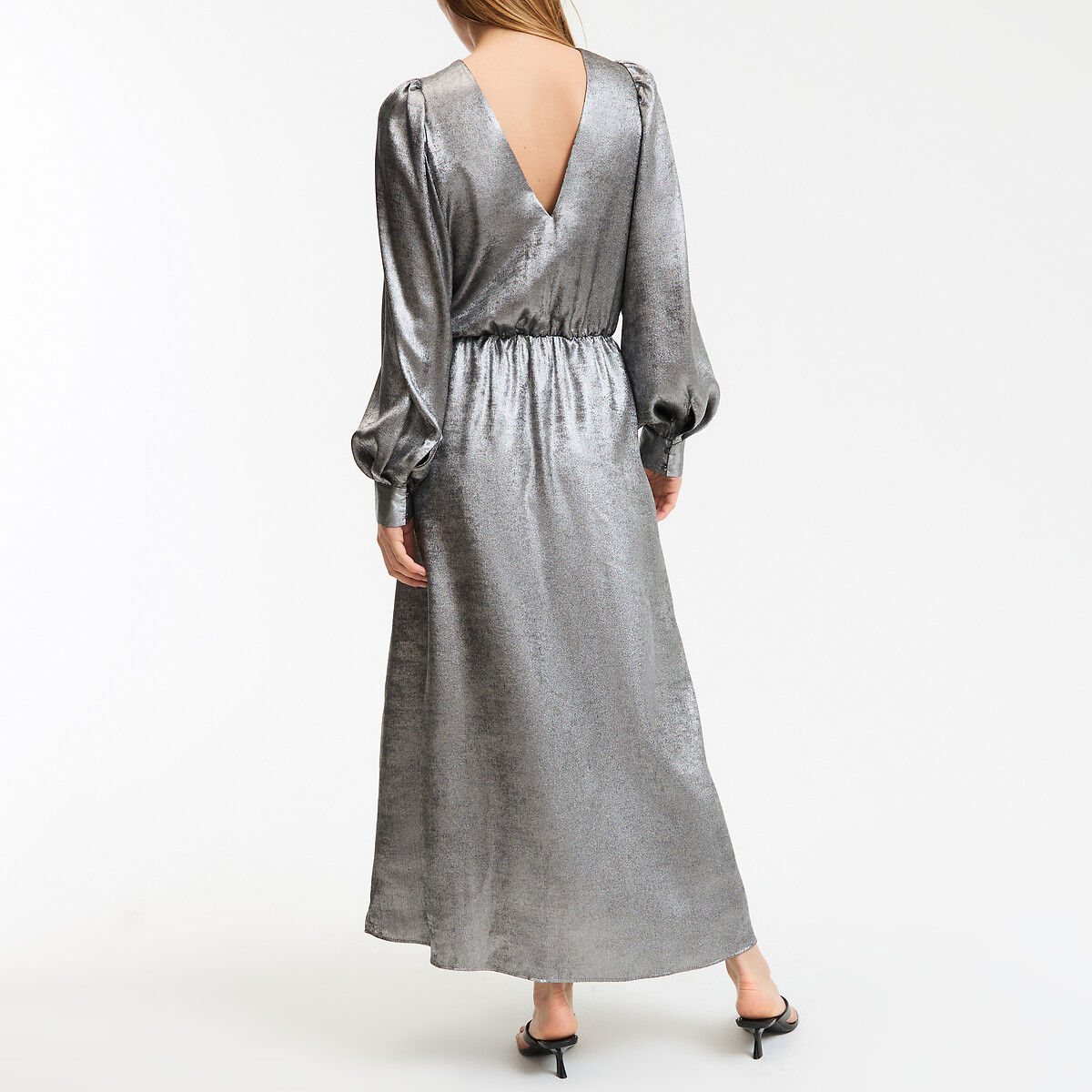 Flared Silver Maxi Dress with Long Sleeves silver grey, LA REDOUTE COLLECTIONS