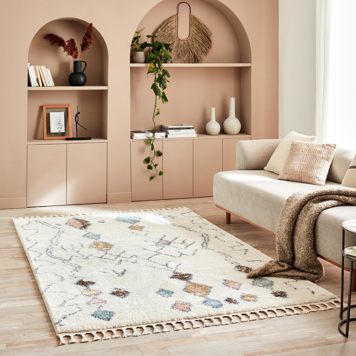 Tapis de salon imitation laine à franges DELYA beige, NAZAR RUGS