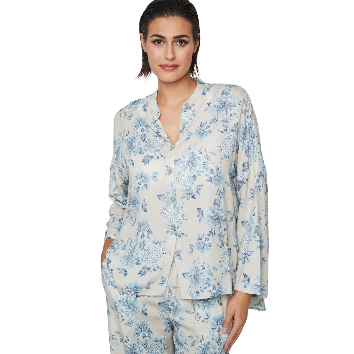 Pyjama pantalon chemise manches longues P107 JARDINS SECRETS bleu, SELMARK