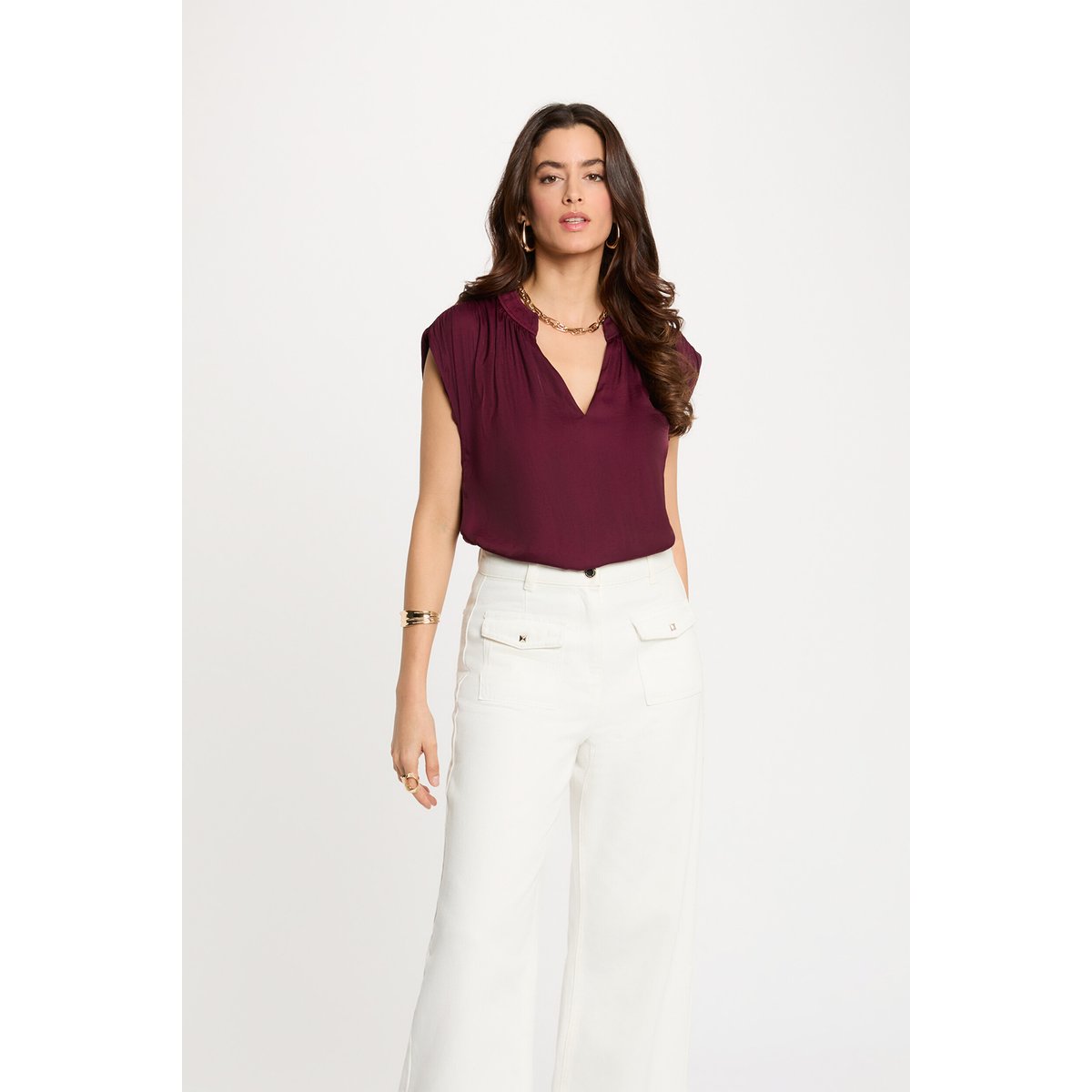 Blouse manches courtes satin prune, MORGAN
