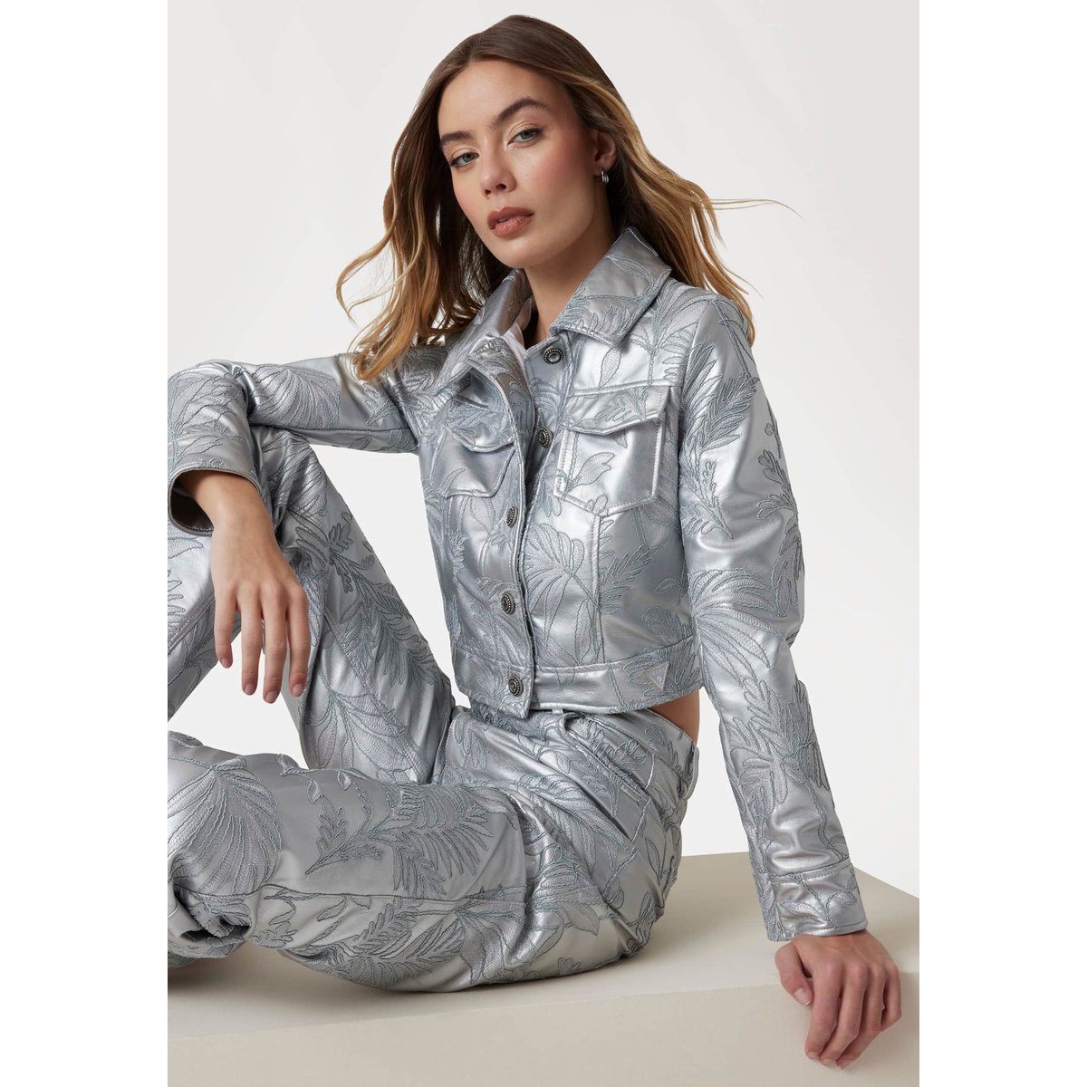 Pantalon Similicuir Brodé argent, GUESS