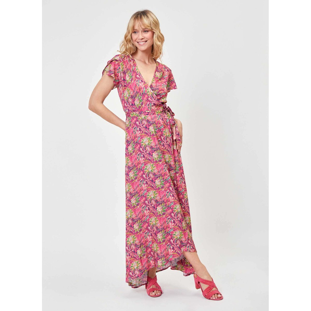 Robe longue cache-coeur ecovero ELEZA rose violet, LA FIANCÉE