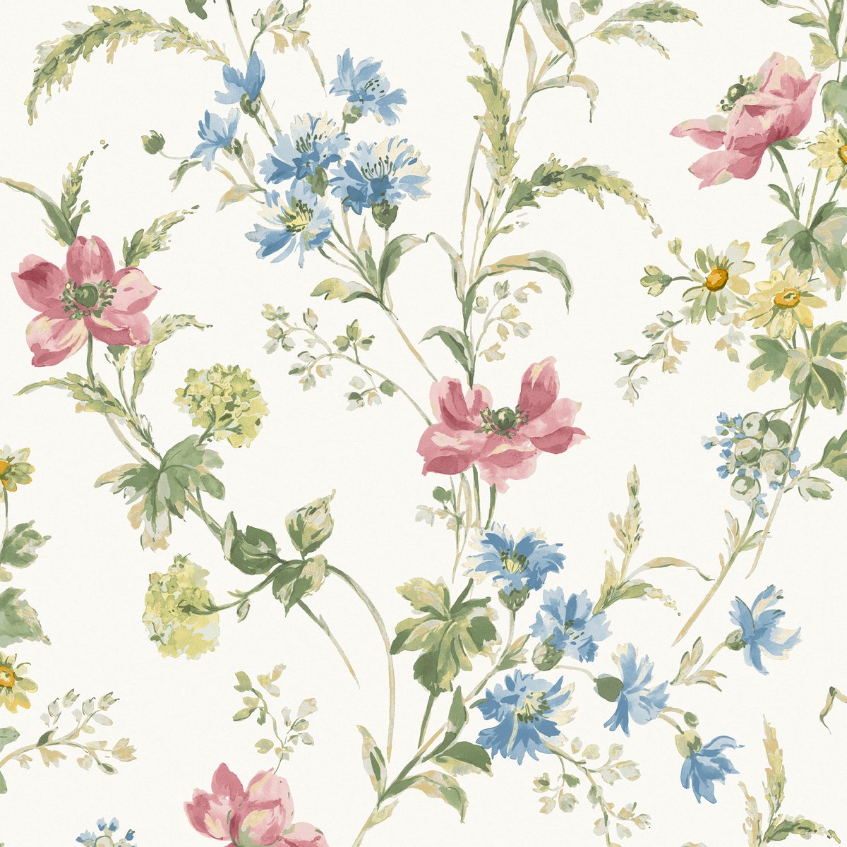 Papier peint fleuri Coquelicots Poppy Meadow rose, vert, bleu, ocre, blanc cassé, LAURA ASHLEY