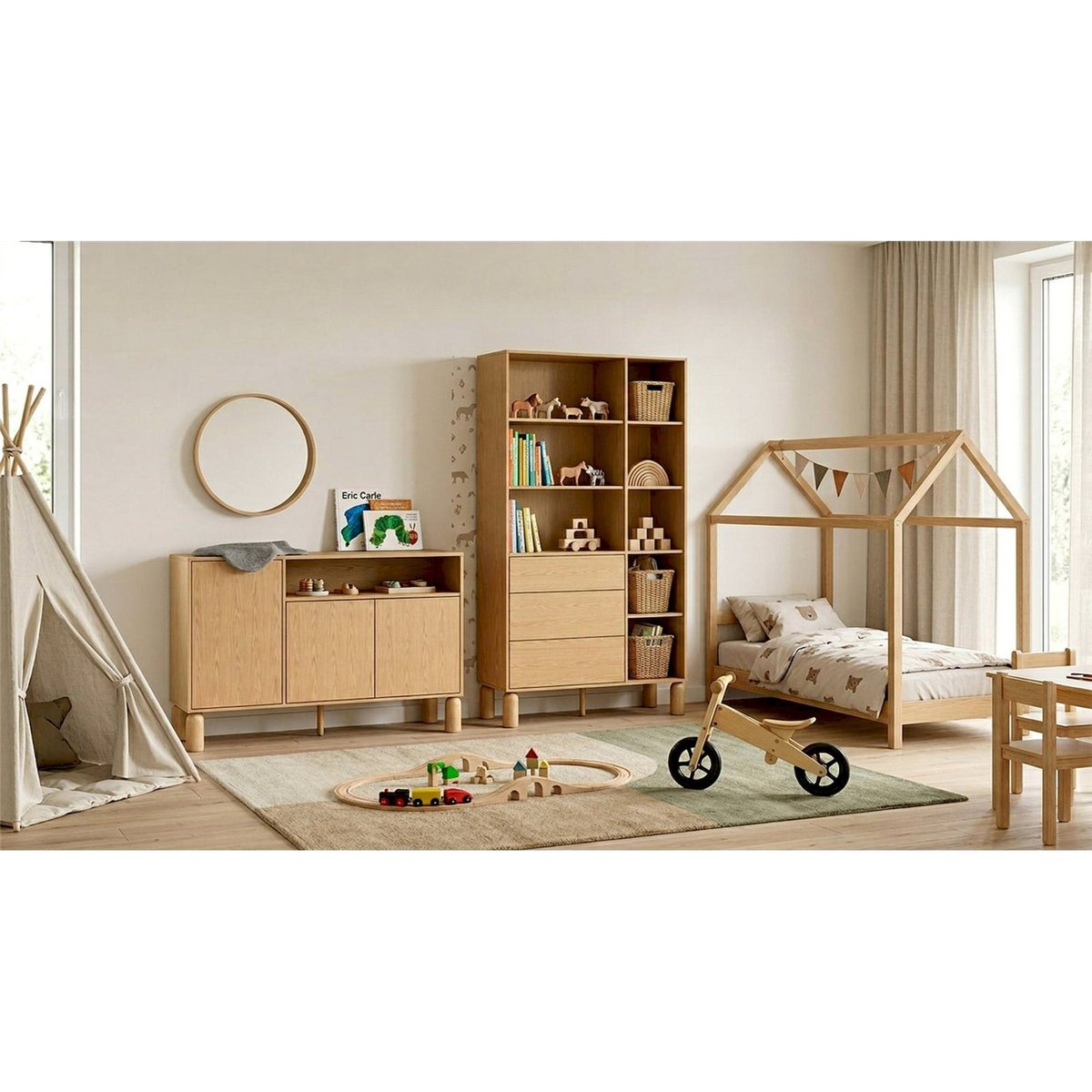 Buffet 3 portes avec niche SANDEN décor chêne bookmatch, RECOLLECTION