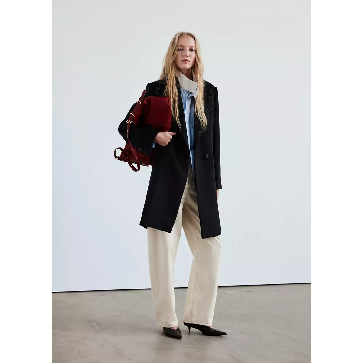 Manteau en laine à double boutonnage noir, MANGO