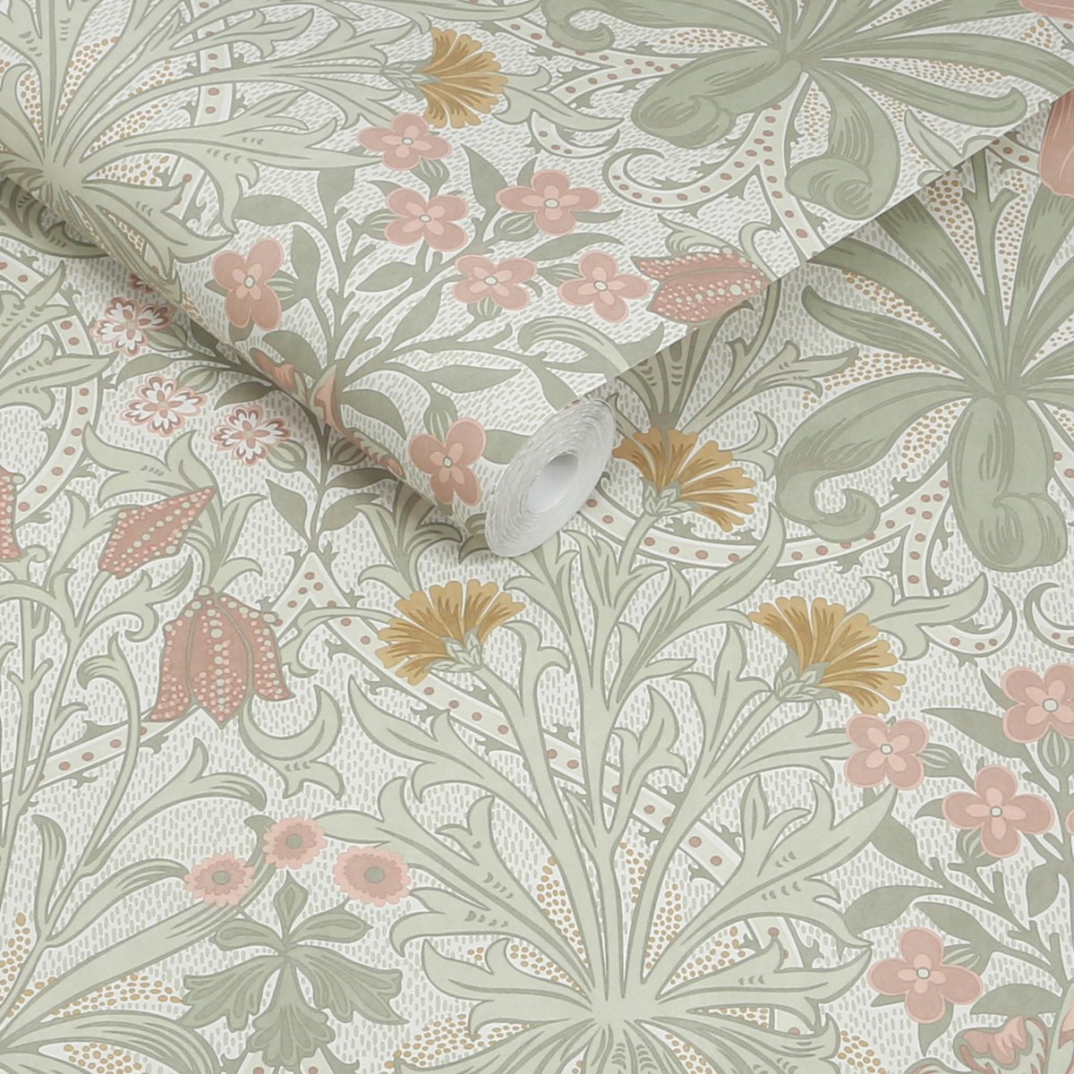 Papier peint fleuri Woodland Weeds Peony & Sage vert clair, rose, ocre, WILLIAM MORRIS AT HOME
