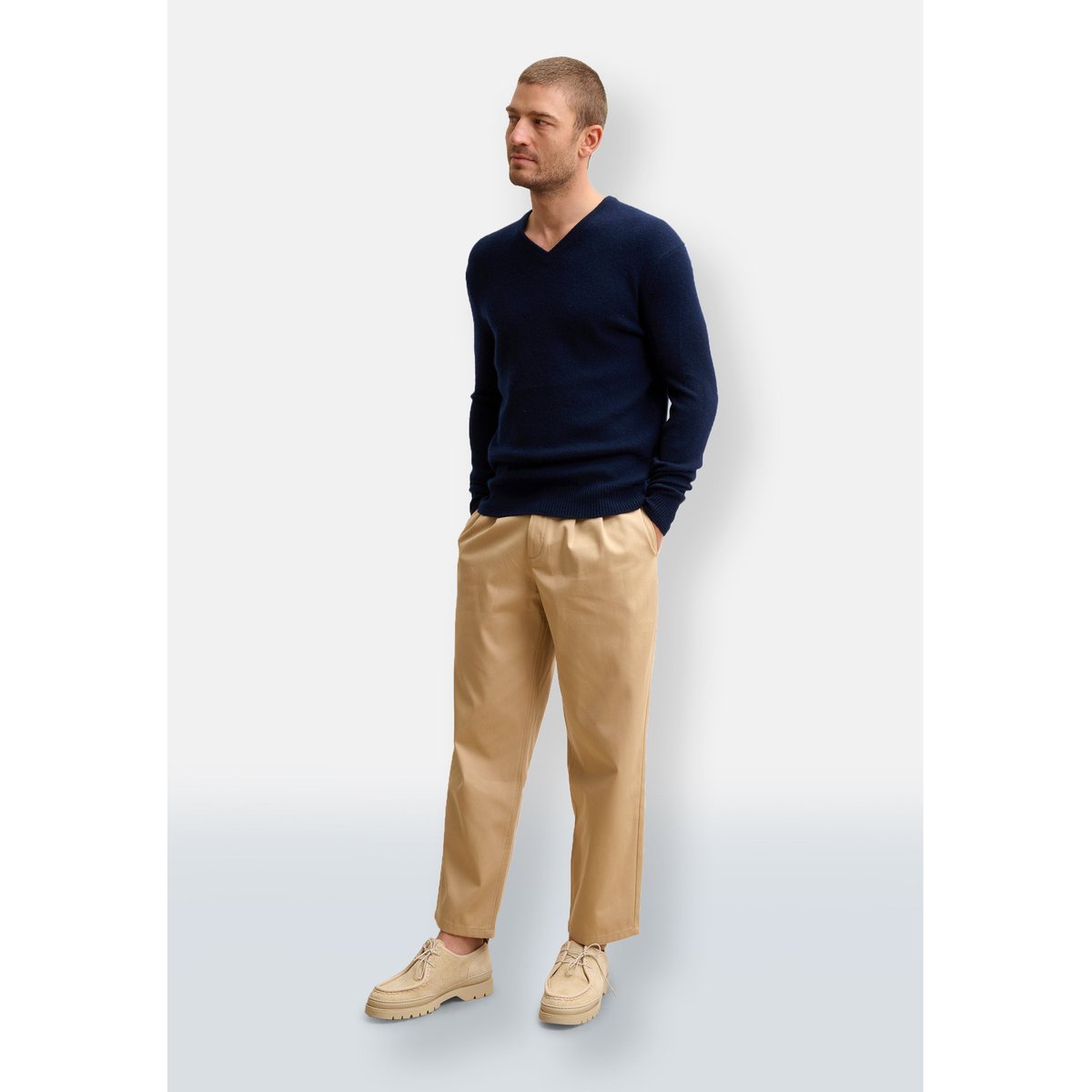 Pull Col V 4 Fils Navy Nathan bleu foncé, JUST CASHMERE