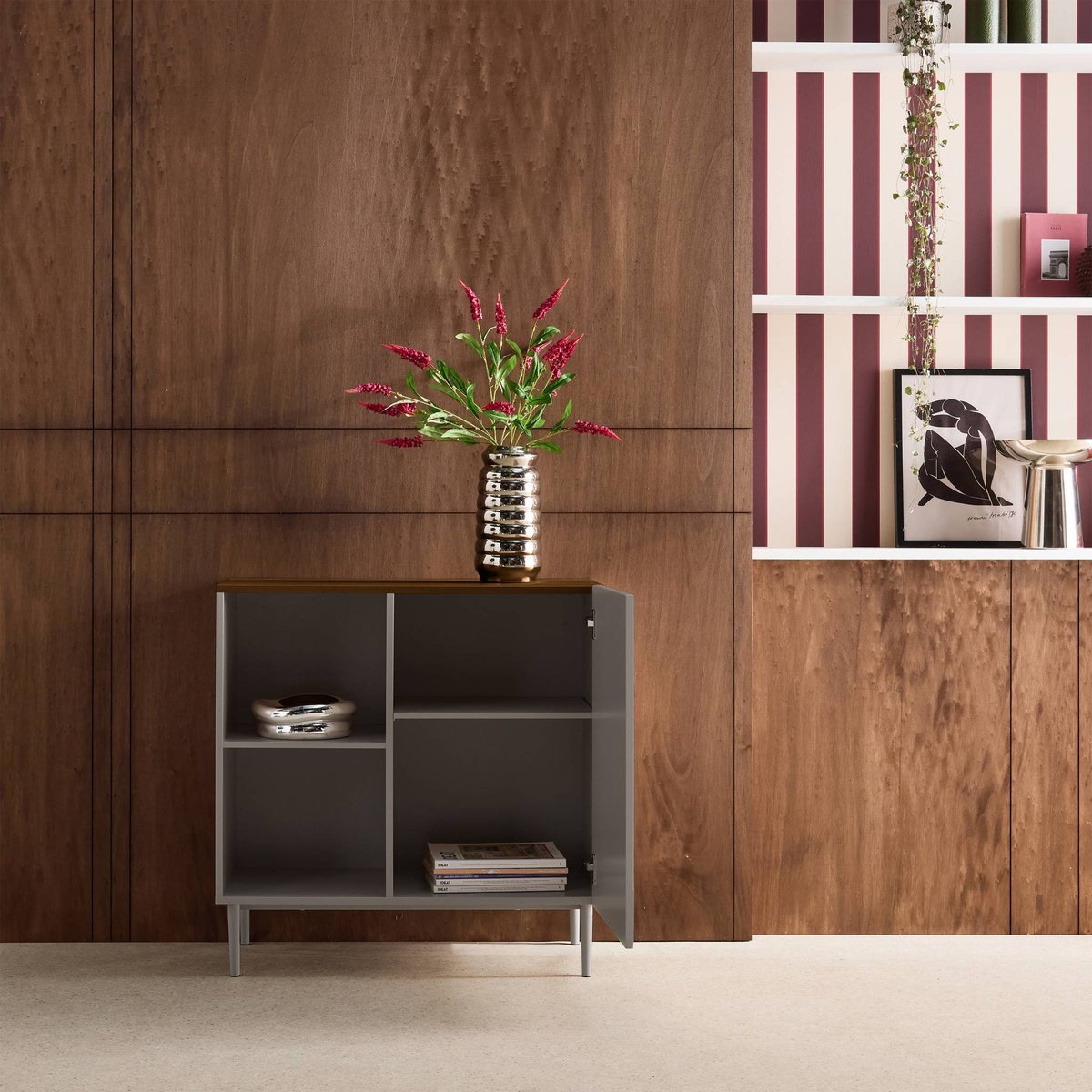 Buffet, meuble de rangement décor bois piétement métal 1 porte 80cm ASHTON gris, SWEEEK