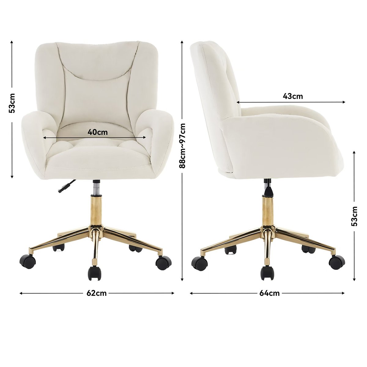 Chaise de bureau en velours réglable et pivotante, ROSSIE blanc, MEUBLES COSY