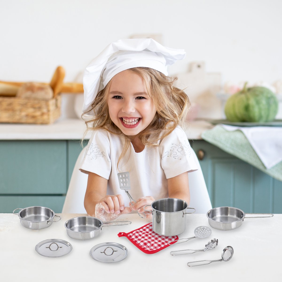 Set de cuisine inox 11 pièces pour jeu d’imitation, LITTLE CHEF gris, TEAMSON KIDS