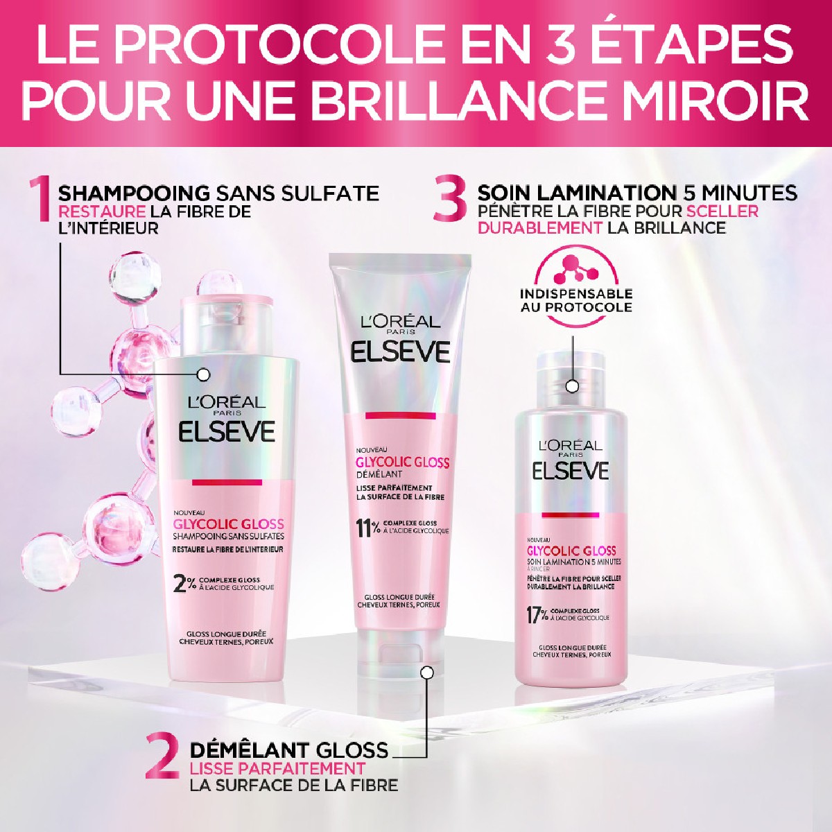 Routine Cheveux Ternes Elseve Glycolic Gloss couleur unique, L'OREAL PARIS