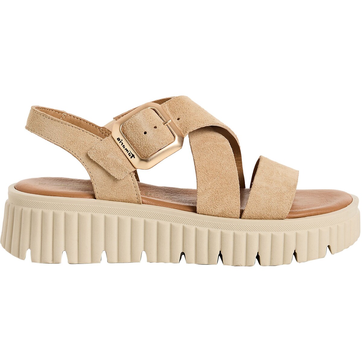 Sandales compensées en cuir beige, TAMARIS