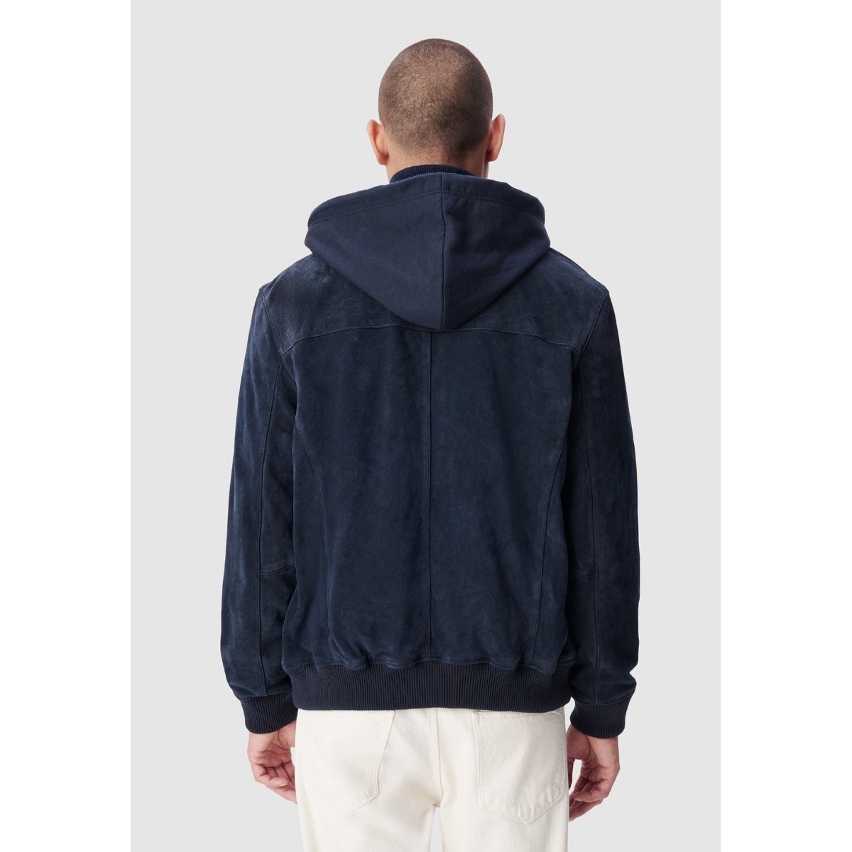 Blouson cuir velours capuche amovible bleu marine, IKKS