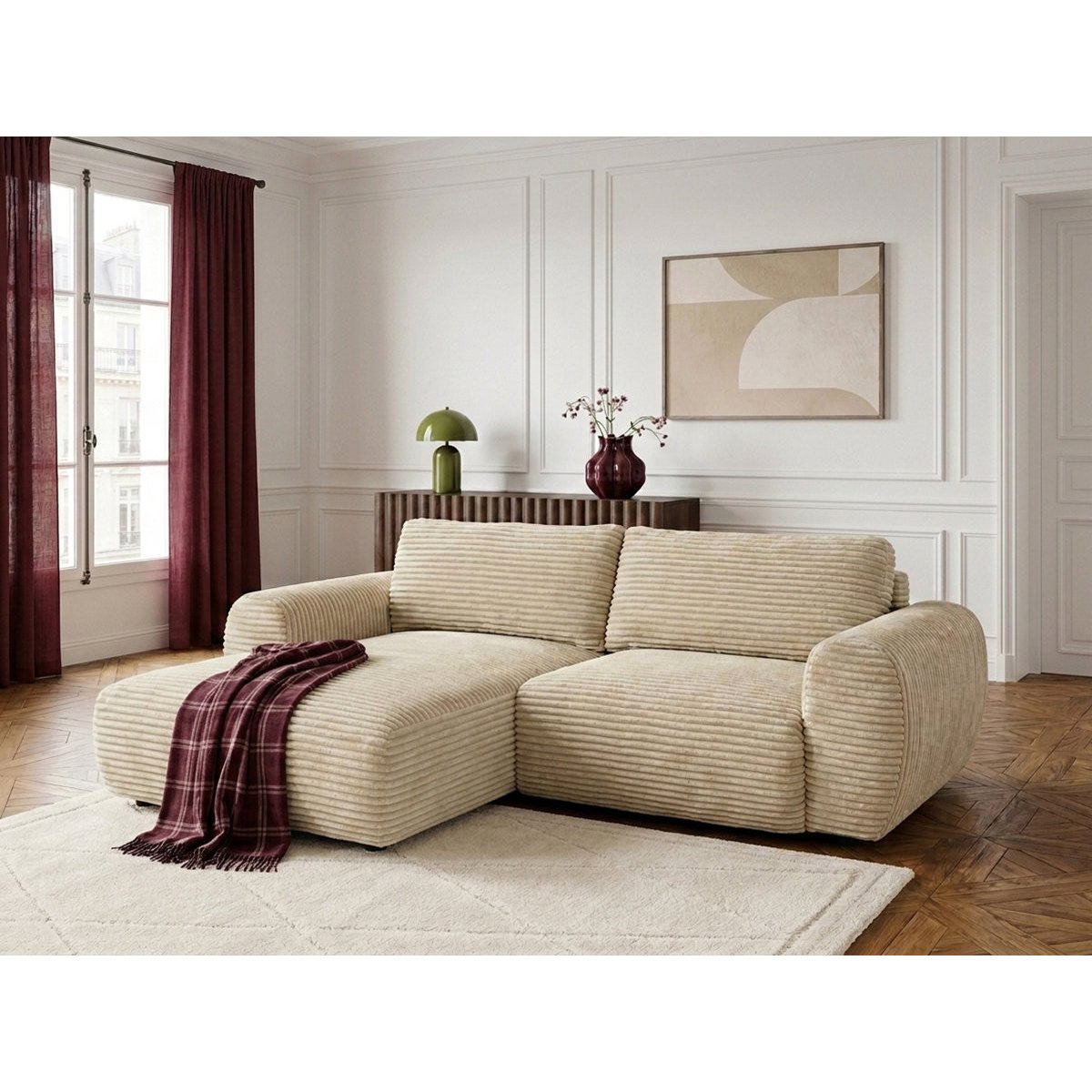 Canapé d'angle convertible 2,5 places en gros côtelé doux, LUCIEN beige, BOBOCHIC