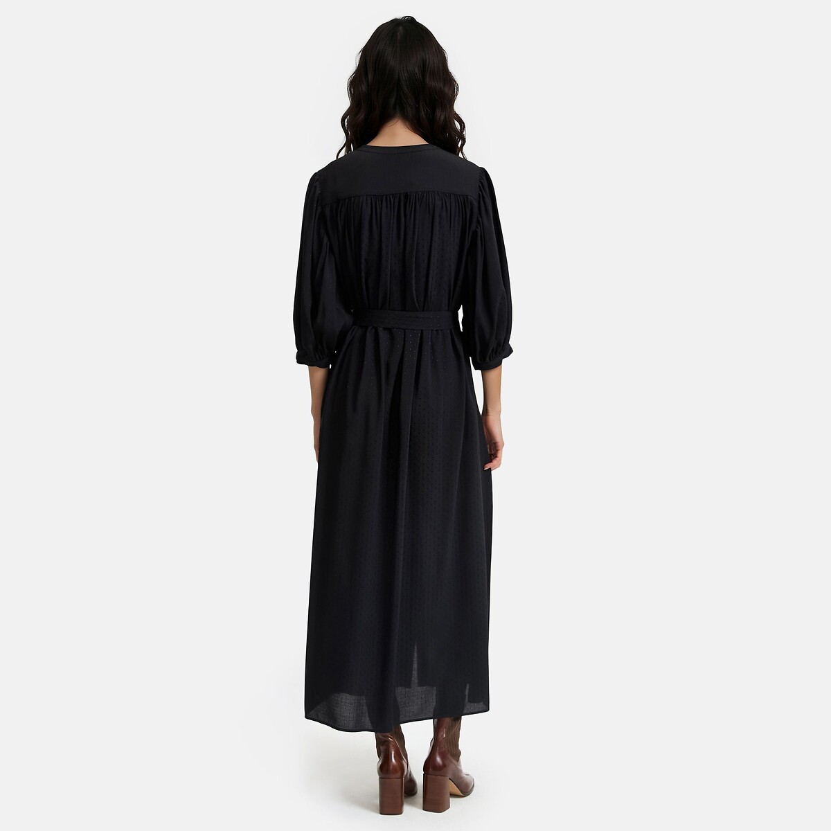 Robe midi, à manches bouffantes, en viscose noir, LA REDOUTE COLLECTIONS