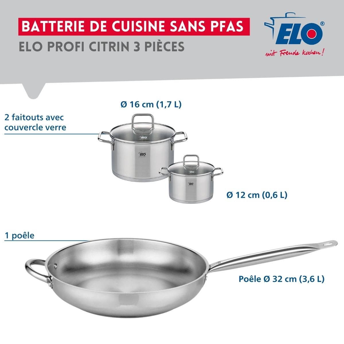 Batterie 1 poêle 32cm + 2 faitouts 12/16cm PROFI CITRIN gris, ELO