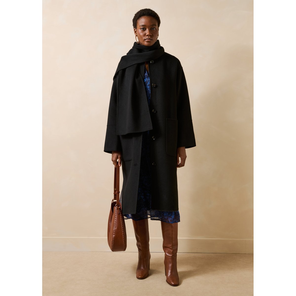 Manteau long oversize à écharpe amovible noir, LA FEE MARABOUTEE