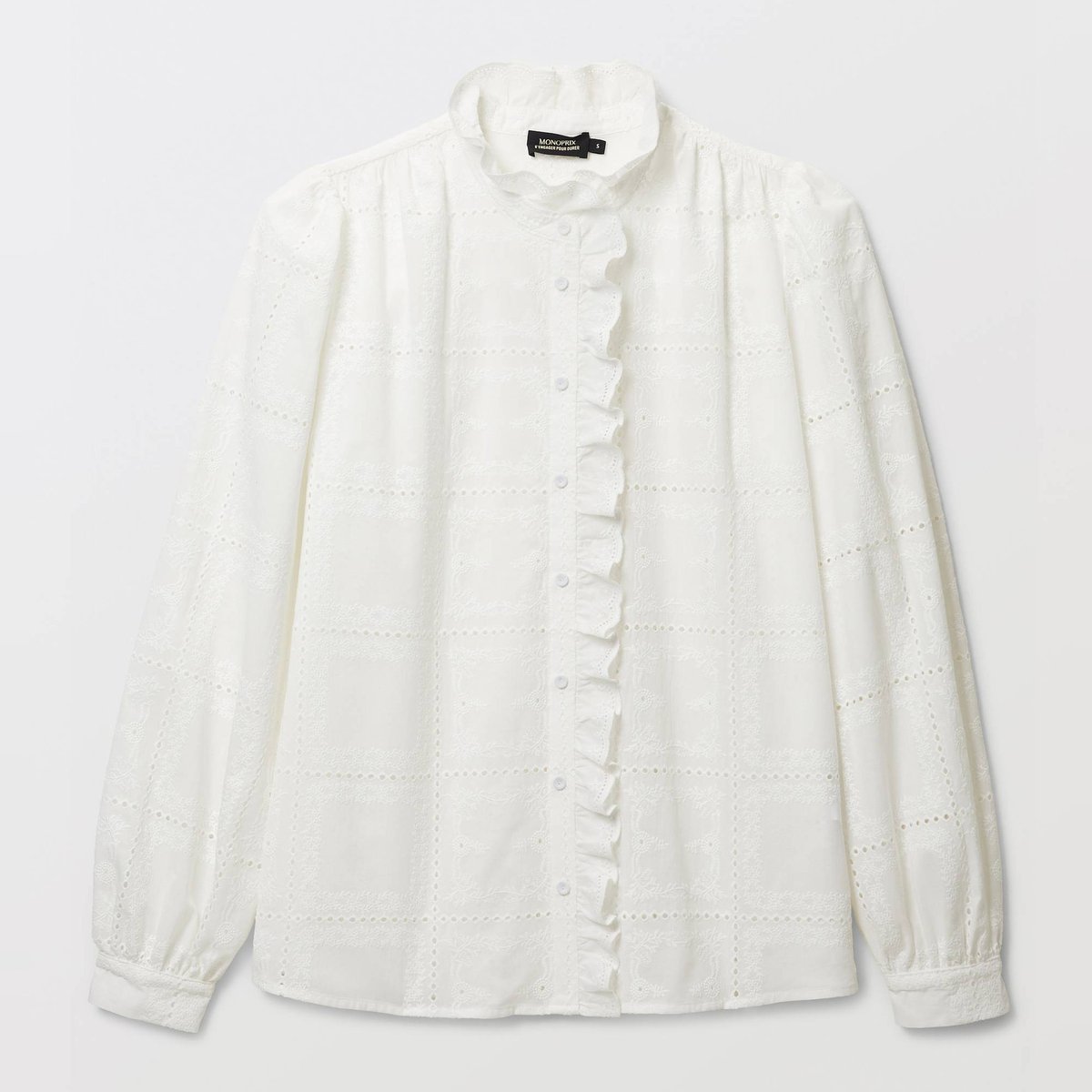 Blouse manches longues brodée en coton blanc, MONOPRIX