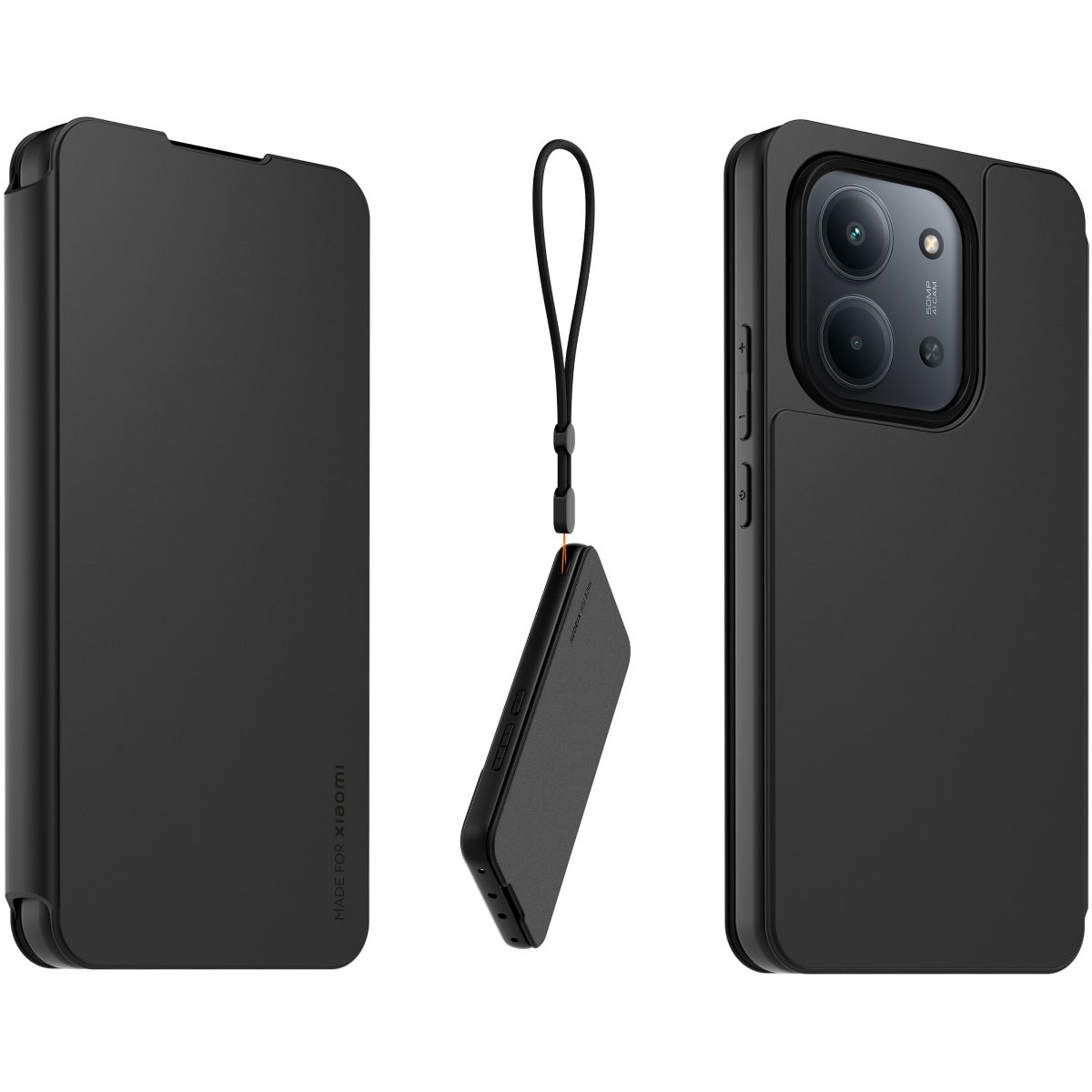 Etui avec cordon Redmi 15C 4G/5G Noir + dragonne couleur unique, MADE FOR XIAOMI