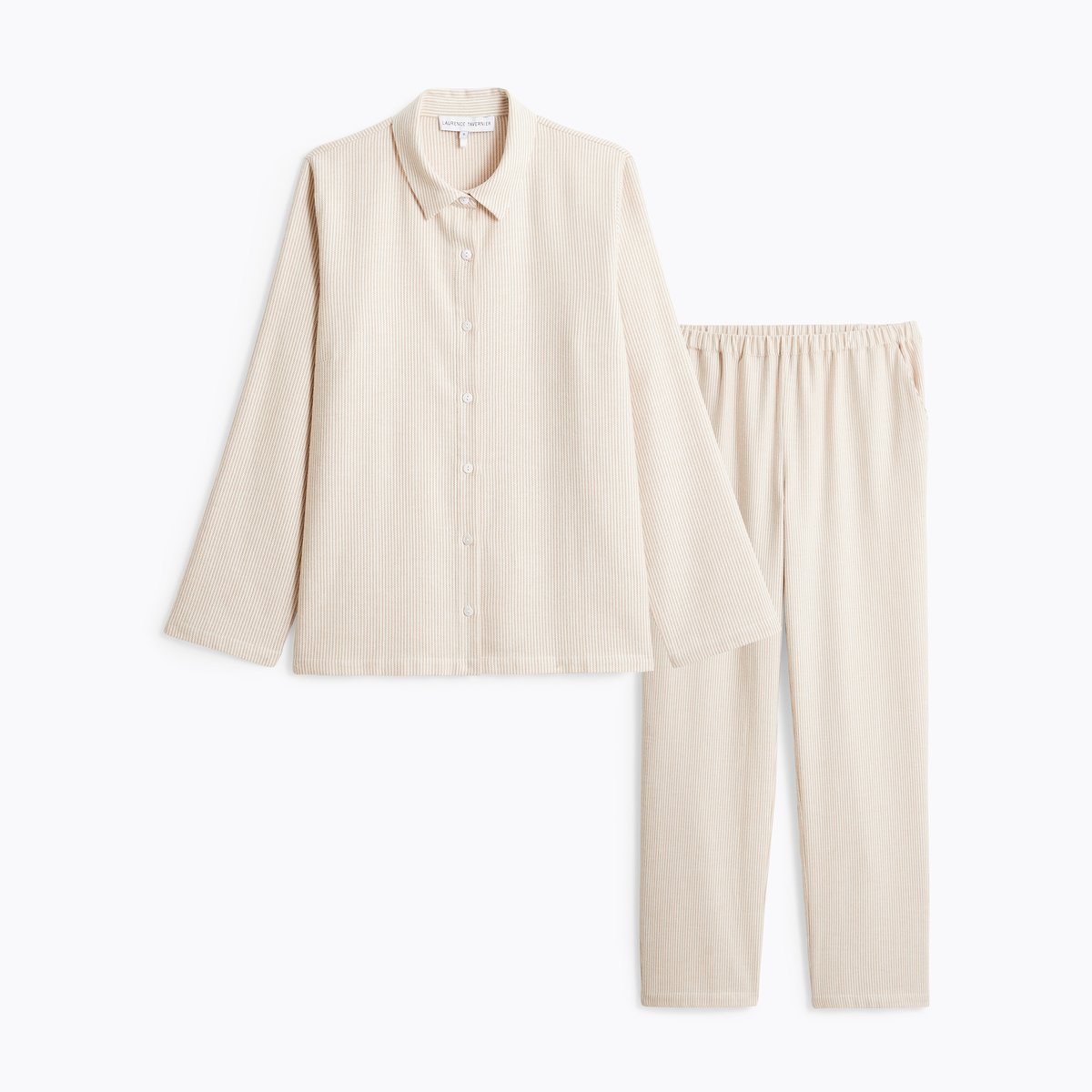Pyjama col classique en flanelle de coton FLANELLE RAYÉE beige, LAURENCE TAVERNIER