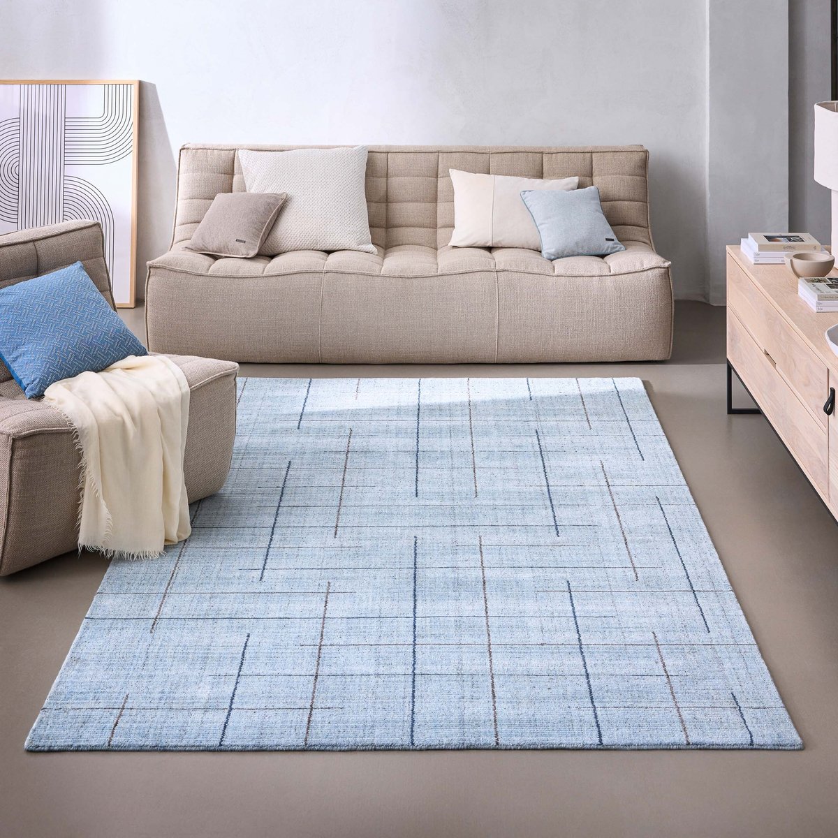 Tapis salon tissé main, laine et Tencel™ , Milly bleu clair, WECON HOME