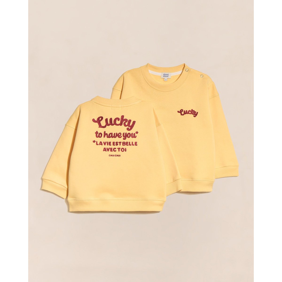 Sweat dos brodé en coton bio, LUCKY jaune - maïs, EMOI EMOI