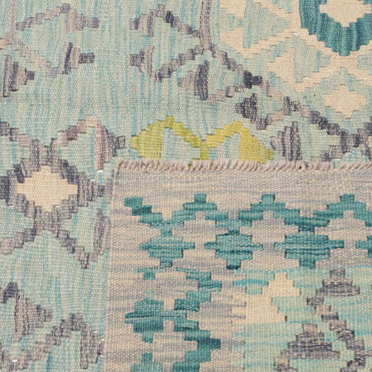 Tapis d'orient géométrique, tissé plat en laine, KILIM 14 bleu, gris, vert, UN AMOUR DE TAPIS