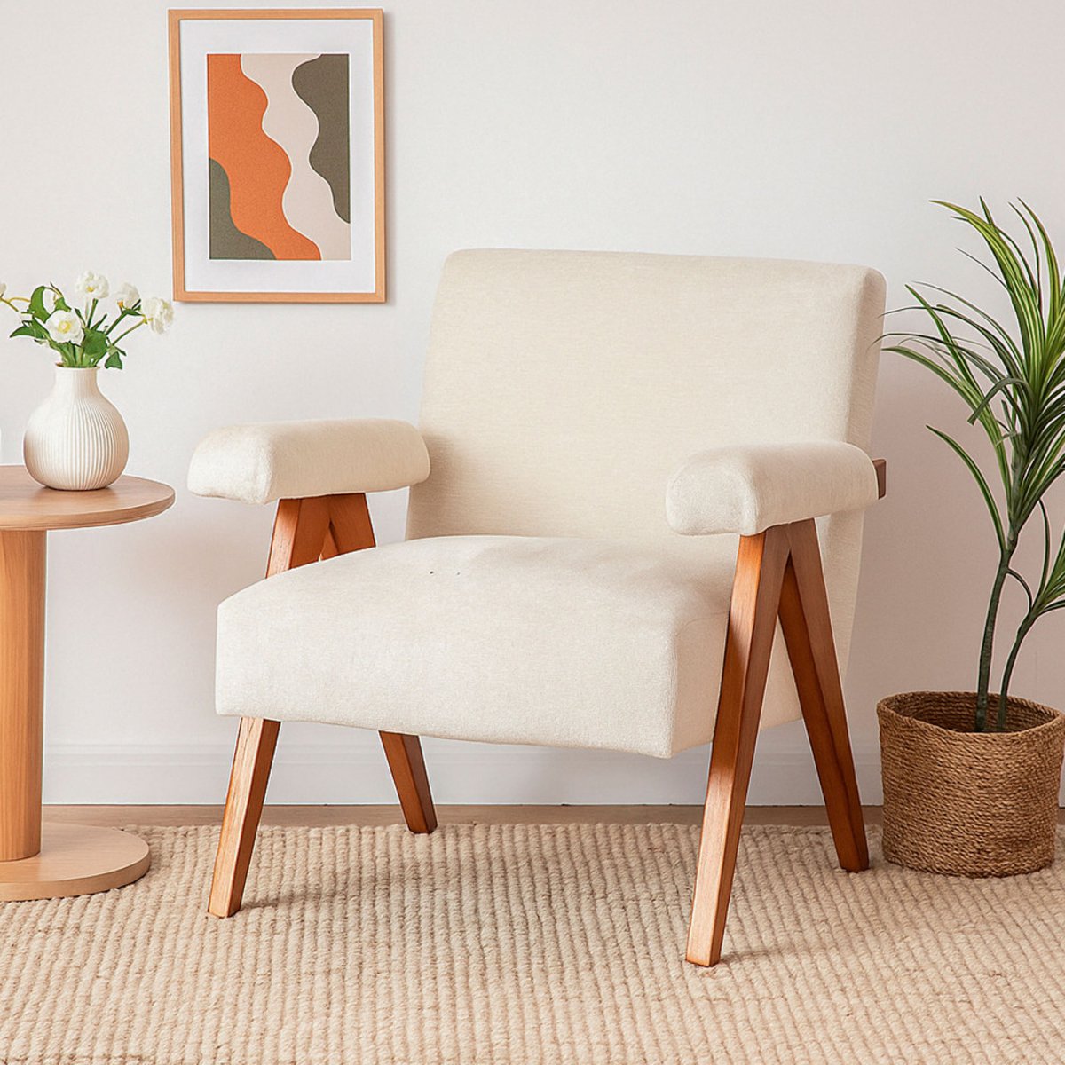 Fauteuil en tissu chenille et bois- VEDA écru, DRAWER