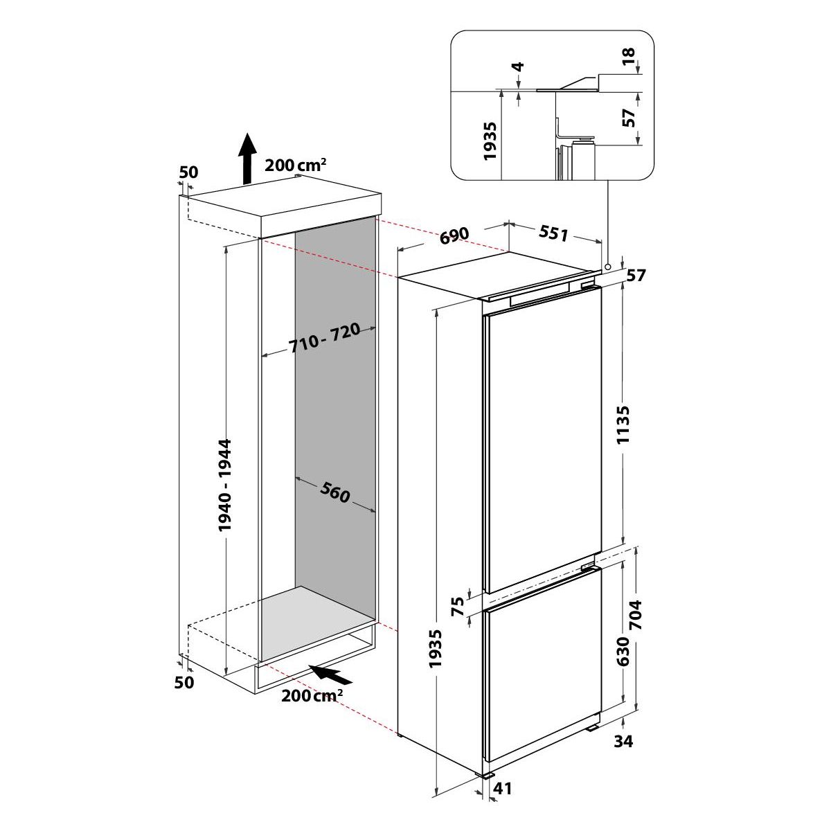 Réfrigérateur combiné encastrable WHSP70T121 Supreme Silence 70cm intégrable, WHIRLPOOL