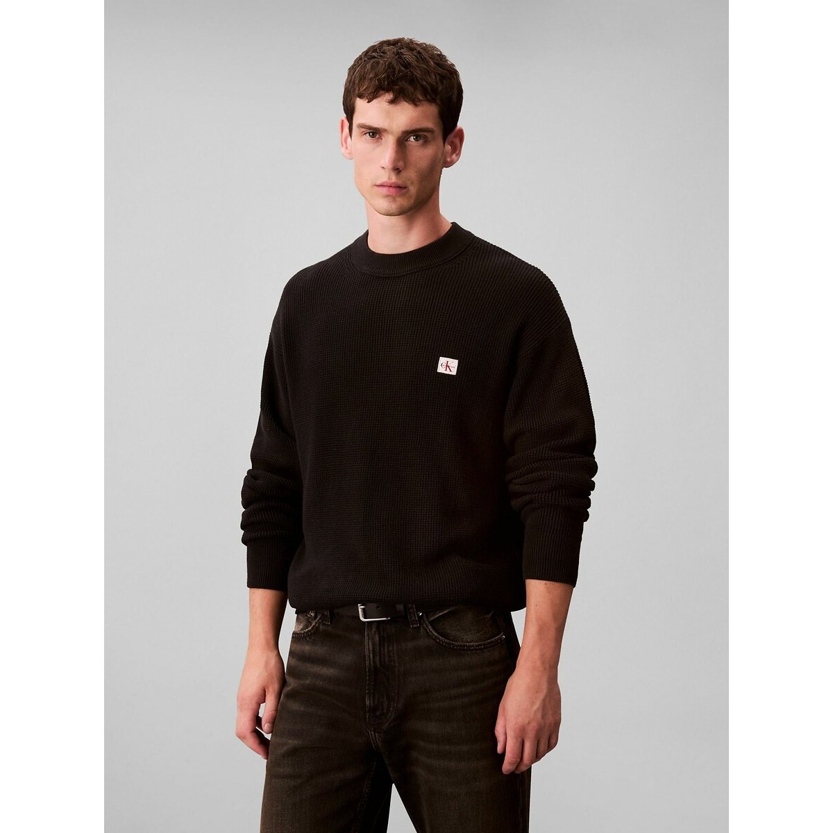 Pull col rond effet gaufré noir, CALVIN KLEIN