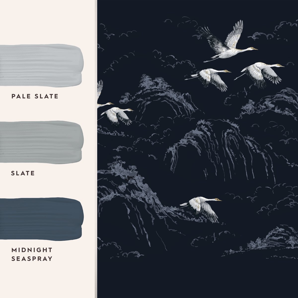 Papier peint panoramique Oiseaux Grues Animalia bleu, LAURA ASHLEY