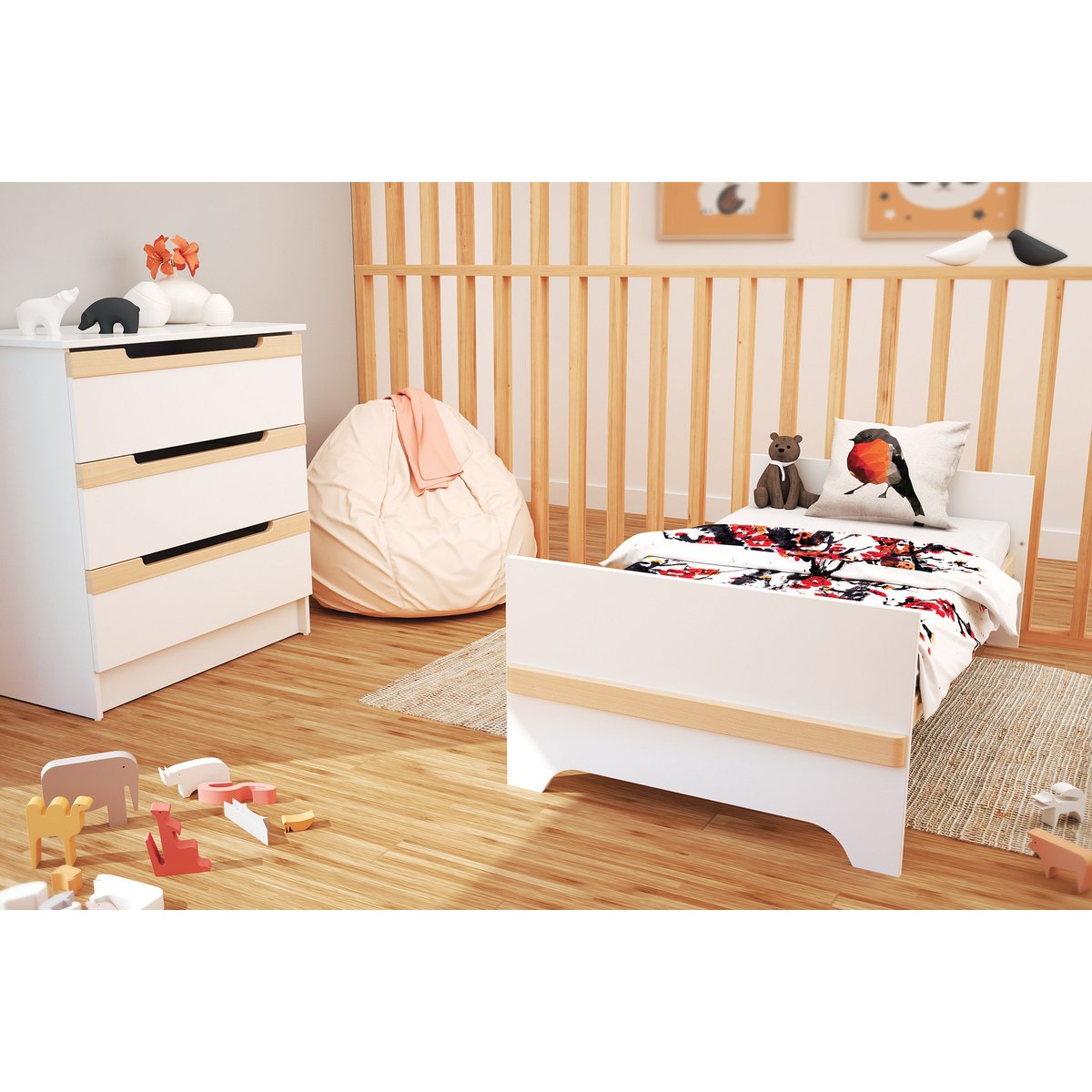 Chambre bébé lit, commode à langer et armoire en bois CARROUSEL blanc et hêtre verni, JURABABY