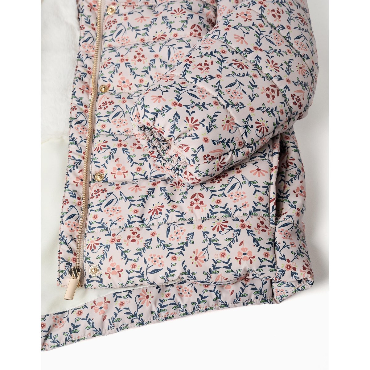 Doudoune floral avec capuche et doublure en peluche douce synthétique beige clair, ZIPPY