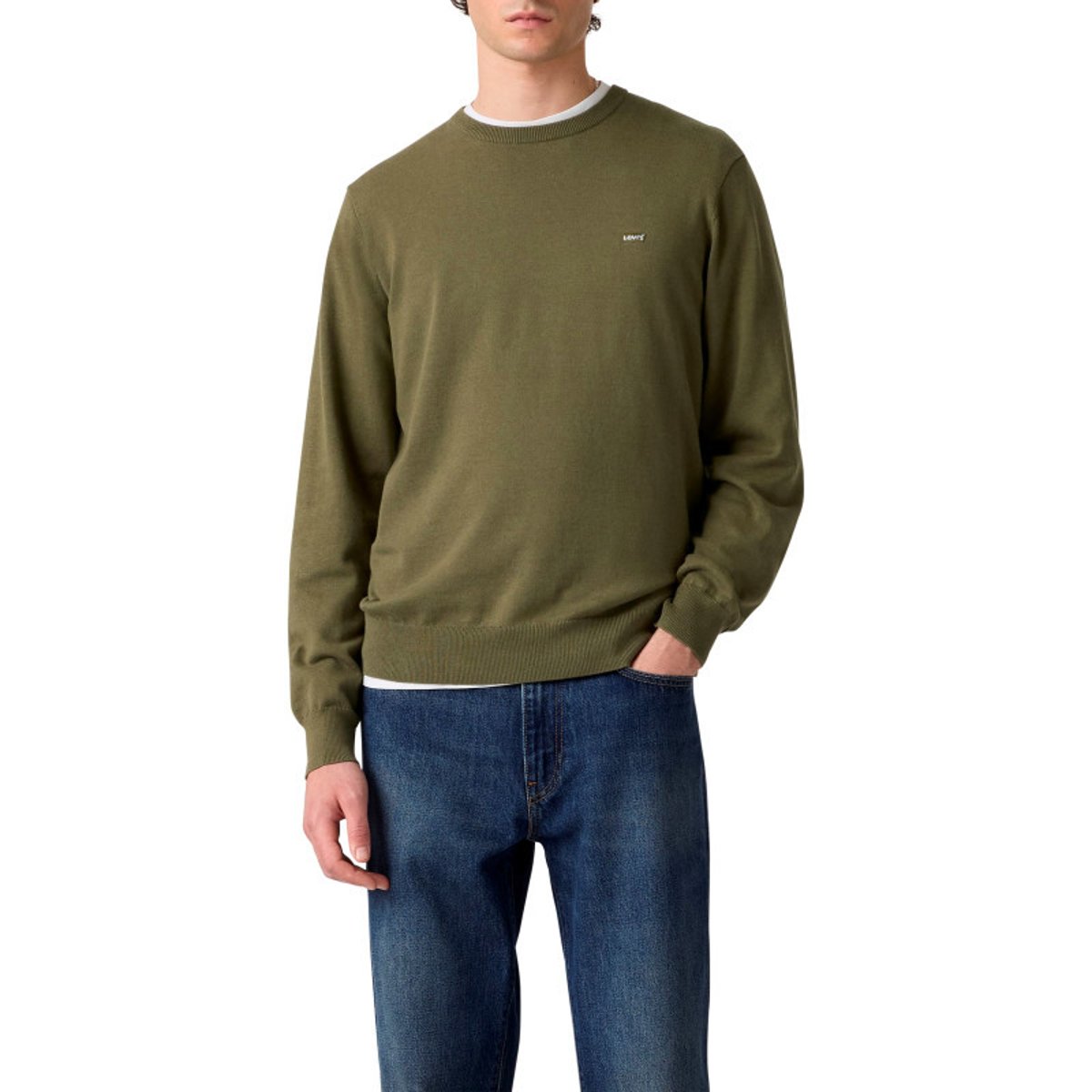 Pull en coton kaki à coupe droite pourvu de manches longues et d'un col rond vert, LEVI'S
