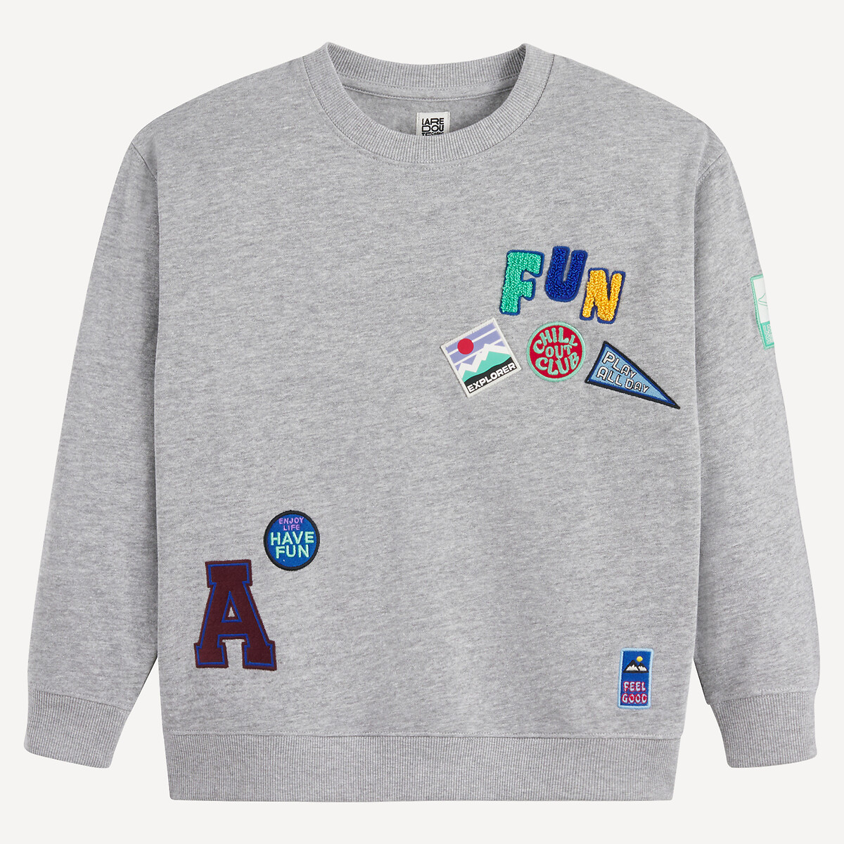 Oversized Crew Neck Sweatshirt with Badges grey marl, LA REDOUTE COLLECTIONS