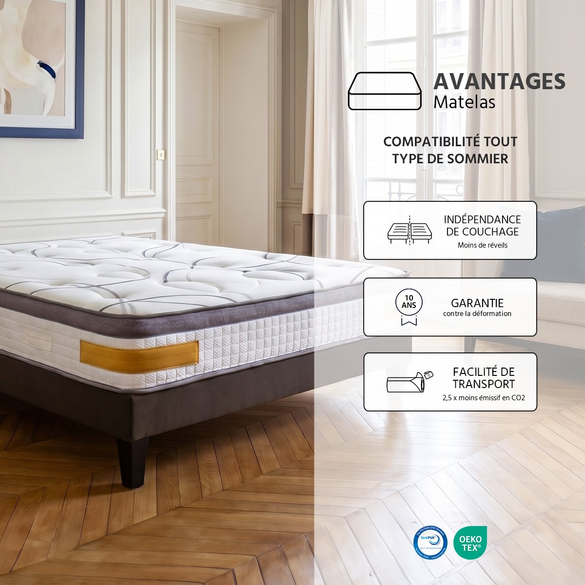 Ensemble Matelas Mémoire de forme COPENHAGUE avec sommier - 24 cm d'épaisseur - Accueil équilibré, soutien ferme blanc, BELLECOUR