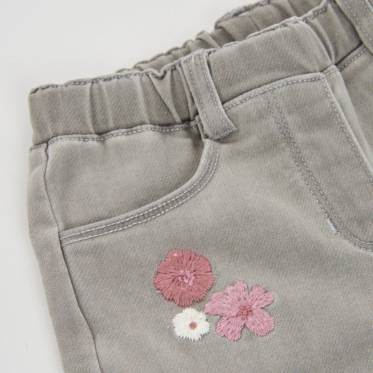 Pantalon fille denim brodé de fleurs gris, BOBOLI