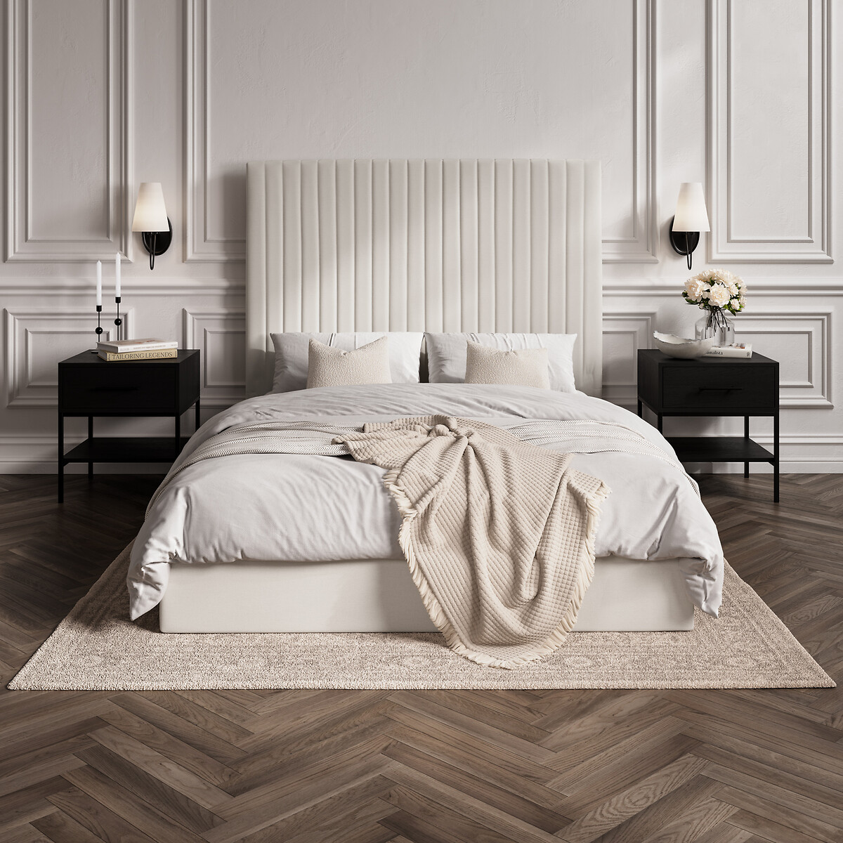 Luciana Soft Woven Ottoman Storage Bed with Tall Fluted Headboard ecru , ÉDITÉ