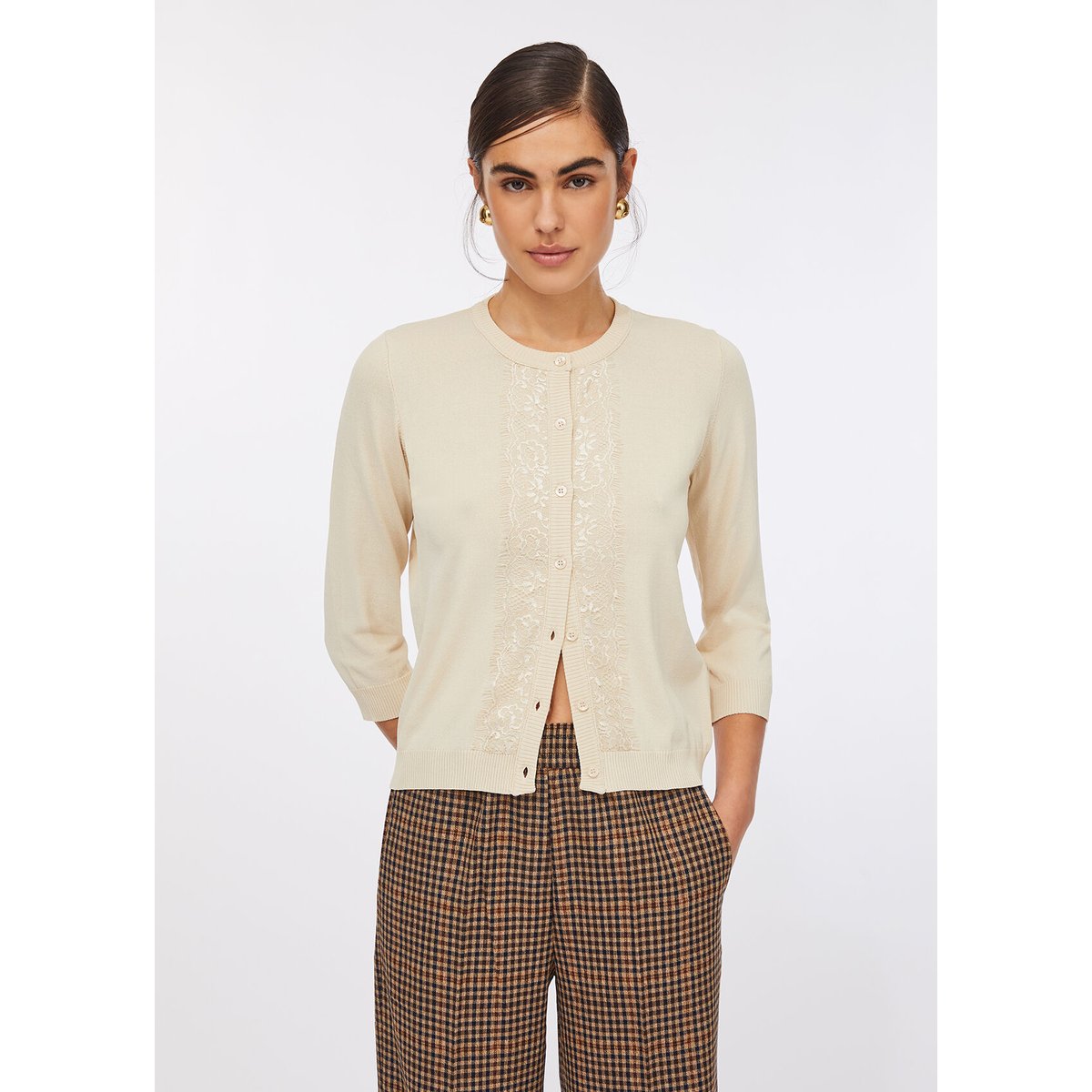 Cardigan avec détails en dentelle beige clair, LIU JO