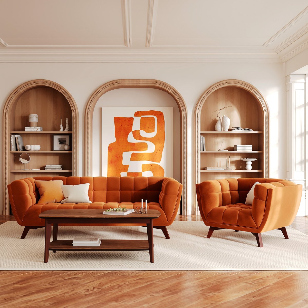 Ensemble canapé et fauteuil en velours 4 places - MONA orange, MAISON PAVANE