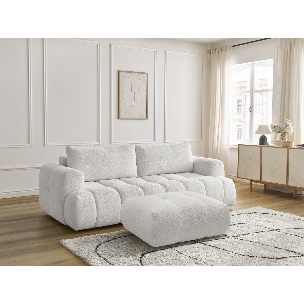 Canapé droit convertible 3 places en tissu bouclette avec pouf, FUJI blanc, BOBOCHIC
