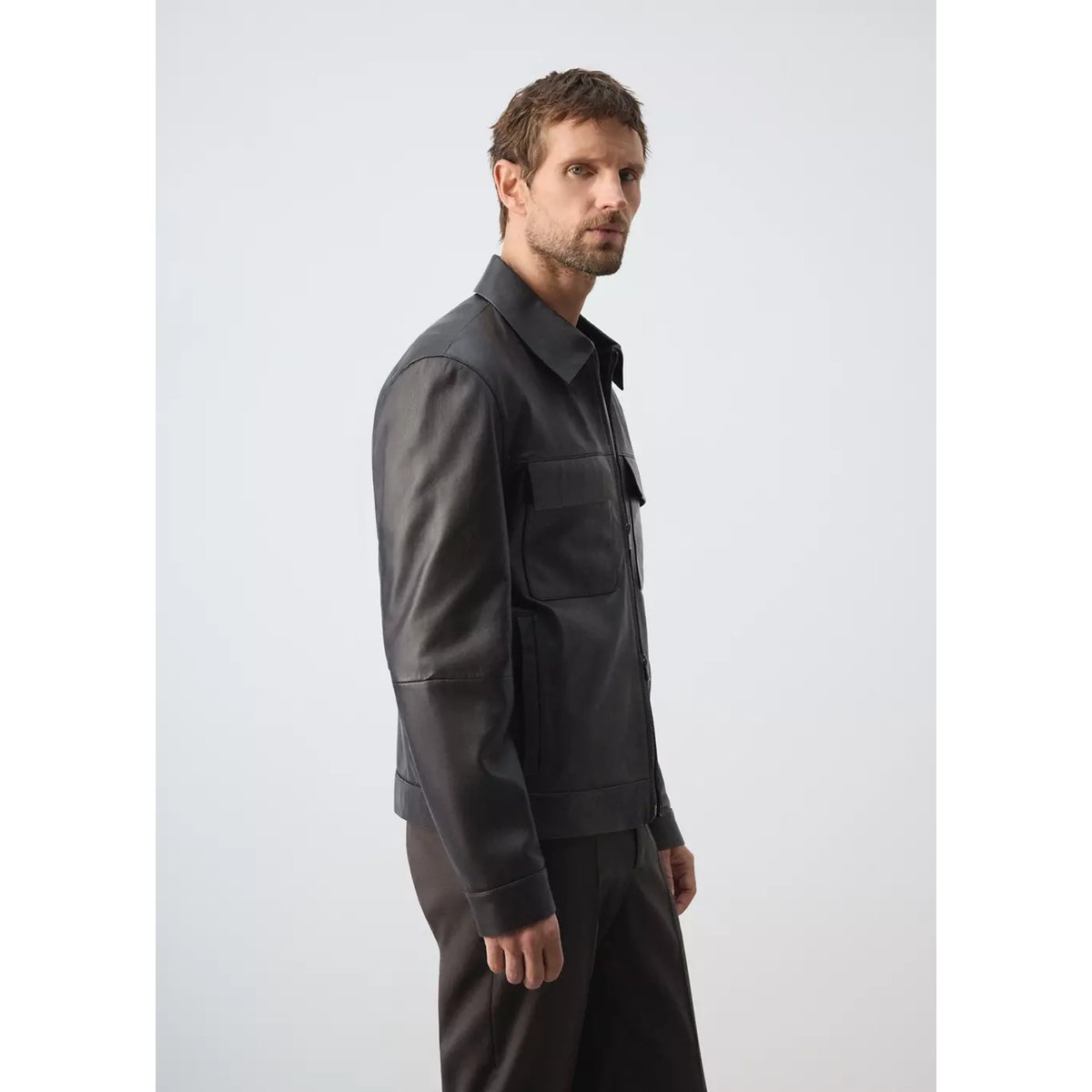 Blouson 100 % cuir poches chocolat, MANGO MAN