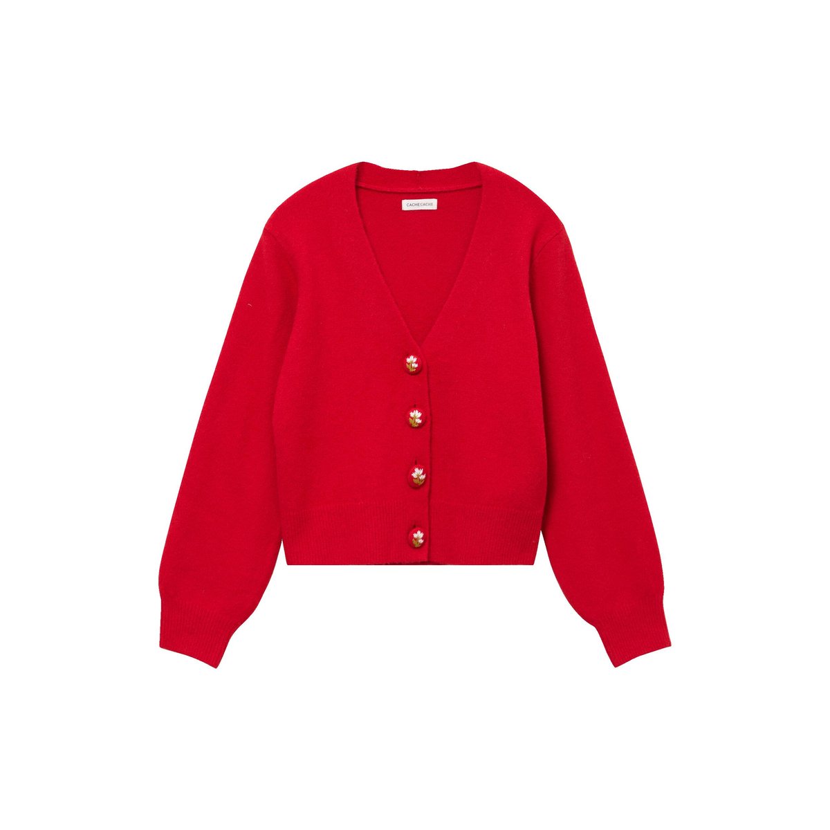 Gilet col v broderie manches longues rouge, CACHE CACHE