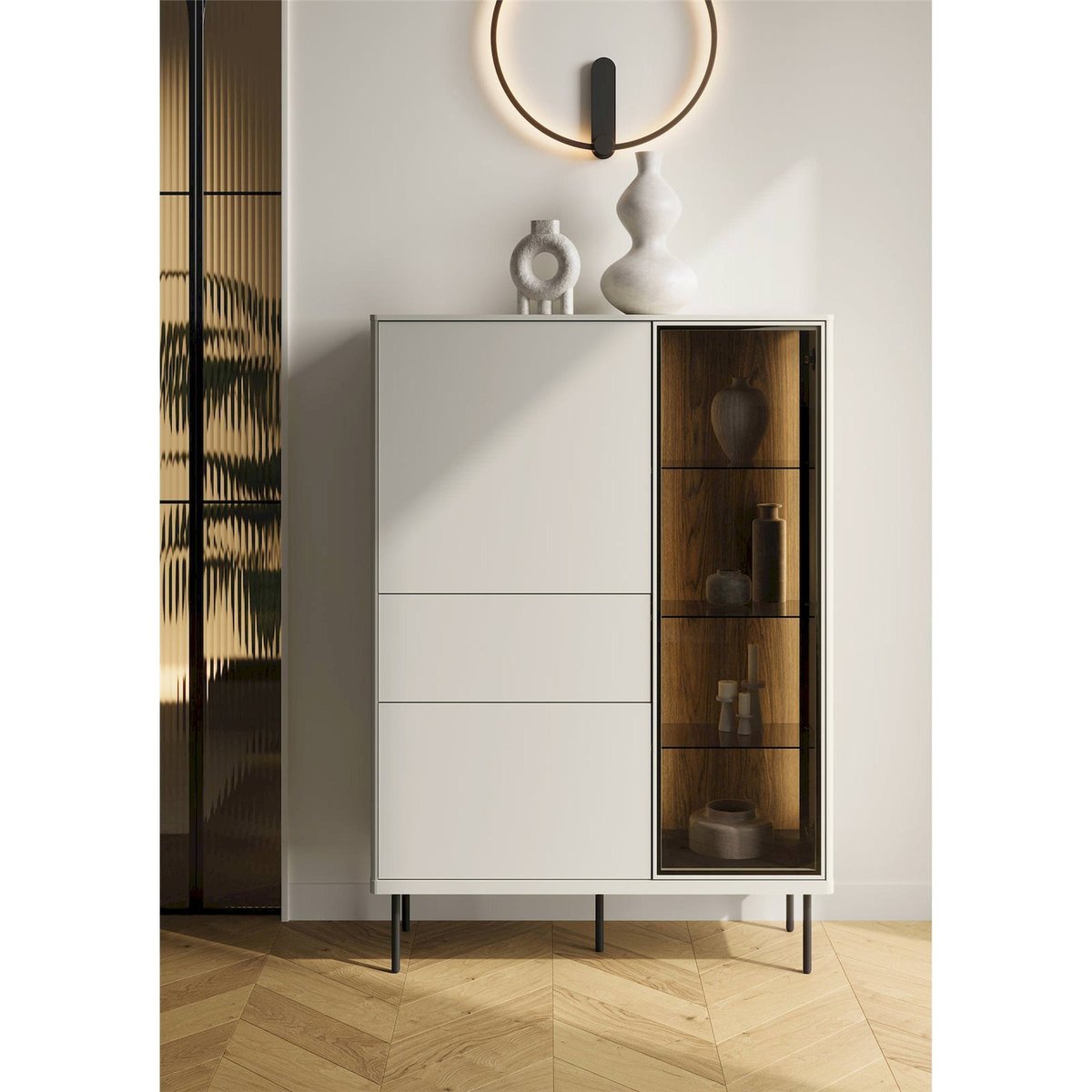Vitrine haute EPIRO en bois avec éclairage LED beige cachemire, noir et chêne foncé, RECOLLECTION