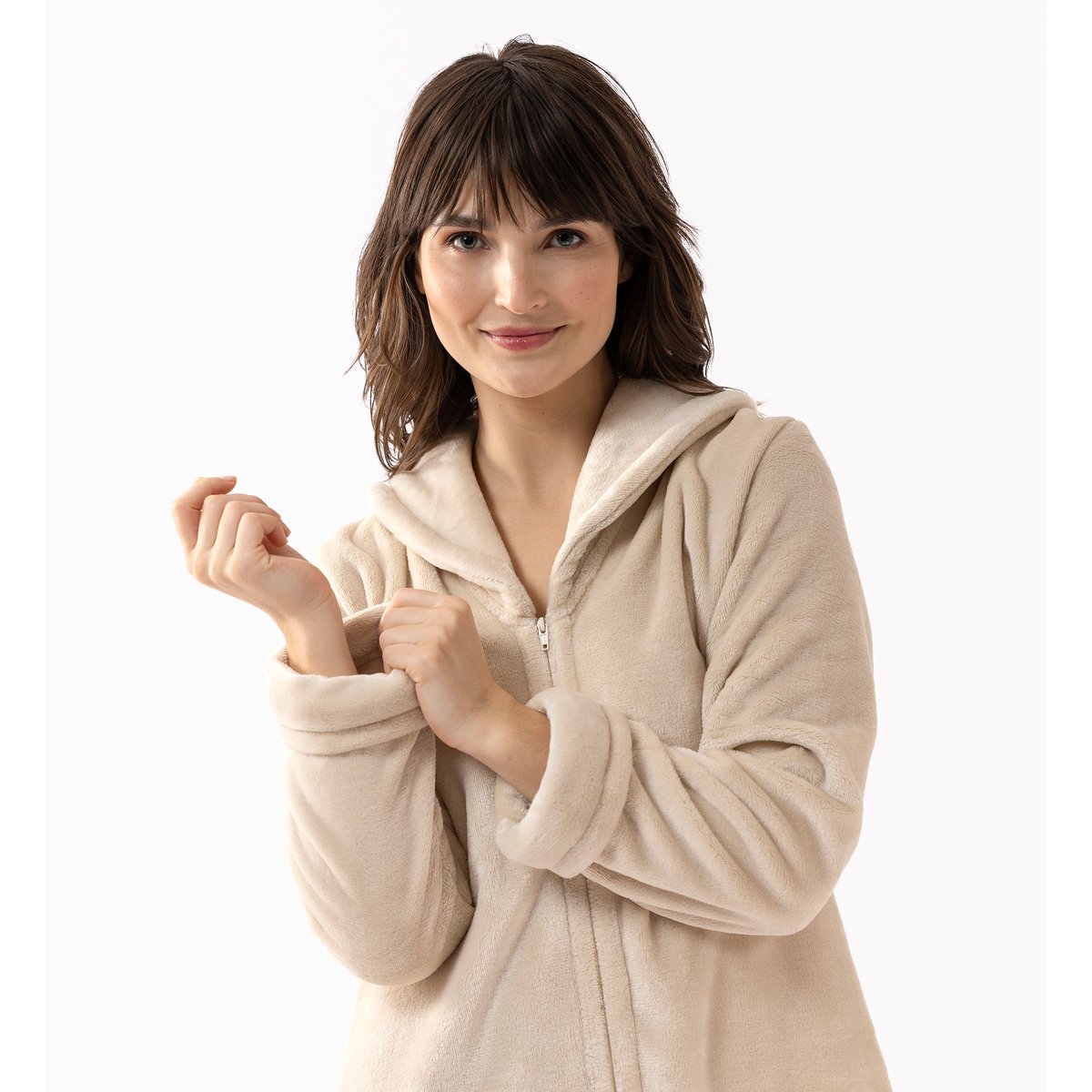 Robe de chambre zipée en peluche flanelle ESSENTIEL H56B beige, LE CHAT
